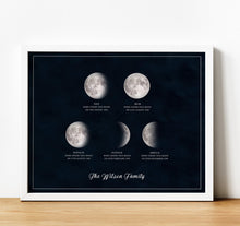 Load image into Gallery viewer, Moon Phase Wall Art | Personalised Gift for Mum, Dad Or Grandparents, moon phase on the night you were born, thoughtful keepsake co
