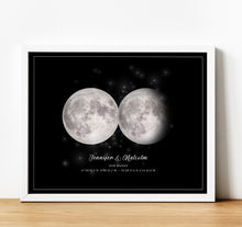 Load image into Gallery viewer, Moon Phase Wall Art | Personalised Anniversary Gifts. Moon phases representing special dates for a couple with text
