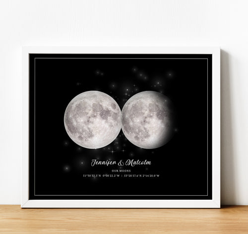 Moon Phase Wall Art | Personalised Anniversary Gifts. Moon phases representing special dates for a couple with text