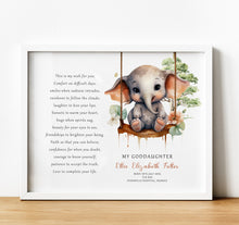 Load image into Gallery viewer, Personalised Goddaughter Christening Gifts from Godmother | Godson Gift for Baptism from Godfather. Poem print with baby animal and baby name and birth stats
