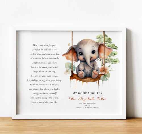 Personalised Goddaughter Christening Gifts from Godmother | Godson Gift for Baptism from Godfather. Poem print with baby animal and baby name and birth stats