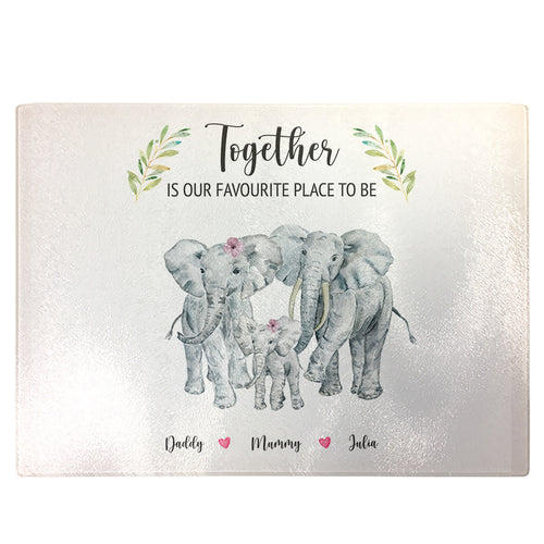 Personalised Chopping Board | Colourful Elephant Family Glass Cutting Board Gift