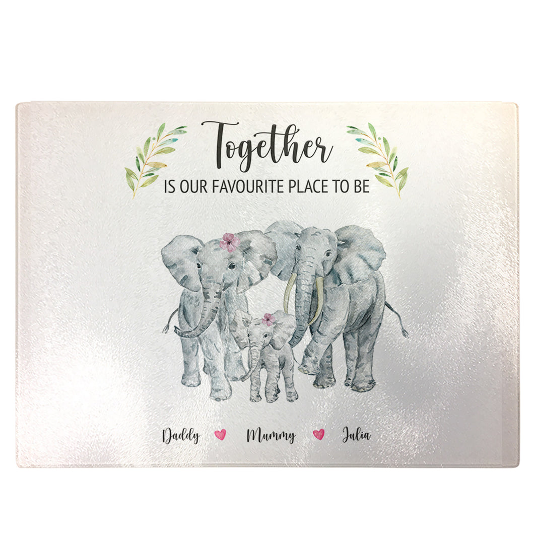 Personalised Chopping Board | Colourful Elephant Family Glass Cutting Board Gift