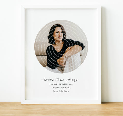 Personalised Memorial Gifts, Song Lyrics Print with  lyrics in a spiral and a photo in the middle, thoughtful keepsake co
