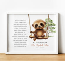 Load image into Gallery viewer, Personalised Goddaughter Christening Gifts from Godmother | Godson Gift for Baptism from Godfather. Poem print with baby animal and baby name and birth stats
