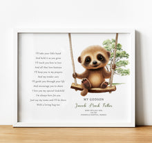 Load image into Gallery viewer, Personalised Goddaughter Christening Gifts from Godmother | Godson Gift for Baptism from Godfather. Poem print with baby animal and baby name and birth stats
