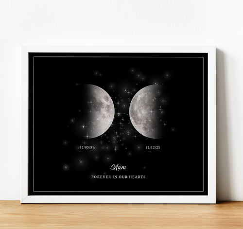 Moon Phase Wall Art | Personalised Memorial Gifts. Moon phases representing special dates for a touching remembrance gift