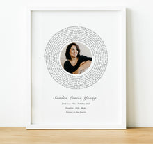 Load image into Gallery viewer, Personalised Memorial Gifts, Song Lyrics Print with lyrics in a spiral and a photo in the middle, thoughtful keepsake co
