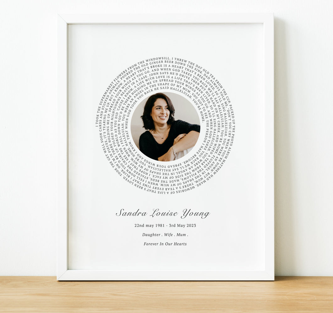 Personalised Memorial Gifts, Song Lyrics Print with lyrics in a spiral and a photo in the middle, thoughtful keepsake co