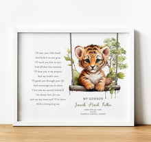 Load image into Gallery viewer, Personalised Goddaughter Christening Gifts from Godmother | Godson Gift for Baptism from Godfather. Poem print with baby animal and baby name and birth stats
