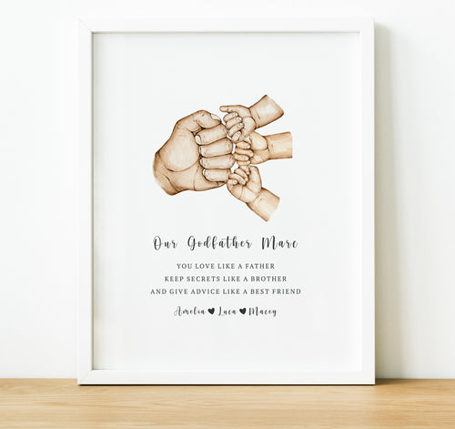 Adult & Child fist bump hand illustration, with quote and personal message, Personalised Godparent Gifts, Gifts for Godfather from Godson, thoughtful keepsake co
