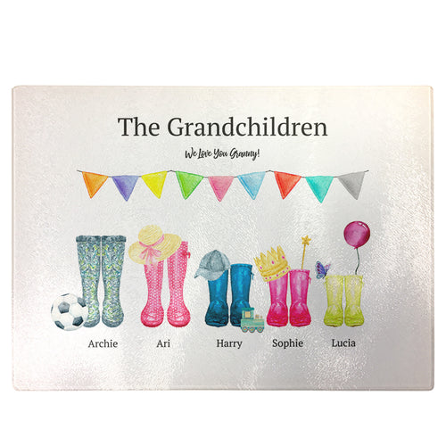 Personalised Chopping Board | Colourful Family Wellie Boot Glass Cutting Board Gift