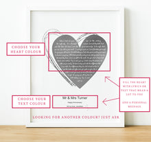 Load image into Gallery viewer, A beautifully personalised heart song lyric print. Use any words that have special meaning to you such as your first dance song lyrics, wedding vows, poem or a personal message....  By adding names, dates and / or an additional text you make it a truly personalised anniversary gift ideal for weddings and special occasions.

