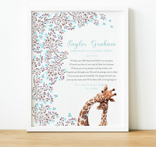 Personalised Christening Print | Godchild Gifts from Godparents | New baby nursery wall art by the thoughtful keepsake co