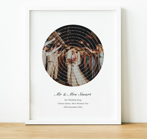 Personalised Anniversary Gifts, Song Lyrics Print with lyrics in a spiral and a photo in the middle, thoughtful keepsake co