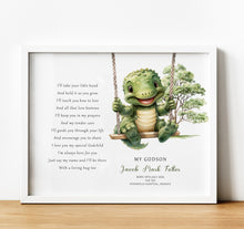 Load image into Gallery viewer, Personalised Goddaughter Christening Gifts from Godmother | Godson Gift for Baptism from Godfather. Poem print with baby animal and baby name and birth stats
