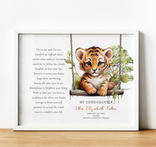 Load image into Gallery viewer, Personalised Goddaughter Christening Gifts from Godmother | Godson Gift for Baptism from Godfather. Poem print with baby animal and baby name and birth stats
