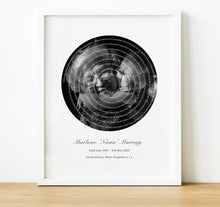 Load image into Gallery viewer, Personalised Memorial Gifts, Song Lyrics Print with  lyrics in a spiral and a photo in the middle, thoughtful keepsake co
