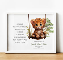 Load image into Gallery viewer, Personalised Goddaughter Christening Gifts from Godmother | Godson Gift for Baptism from Godfather. Poem print with baby animal and baby name and birth stats
