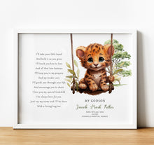 Load image into Gallery viewer, Personalised Goddaughter Christening Gifts from Godmother | Godson Gift for Baptism from Godfather. Poem print with baby animal and baby name and birth stats
