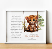 Load image into Gallery viewer, Personalised Goddaughter Christening Gifts from Godmother | Godson Gift for Baptism from Godfather. Poem print with baby animal and baby name and birth stats
