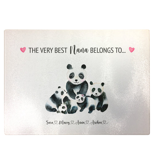 Personalised Chopping Board | Panda Family Glass Cutting Board Gift for Grandma