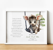 Load image into Gallery viewer, Personalised Goddaughter Christening Gifts from Godmother | Godson Gift for Baptism from Godfather. Poem print with baby animal and baby name and birth stats
