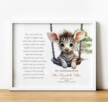 Load image into Gallery viewer, Personalised Goddaughter Christening Gifts from Godmother | Godson Gift for Baptism from Godfather. Poem print with baby animal and baby name and birth stats
