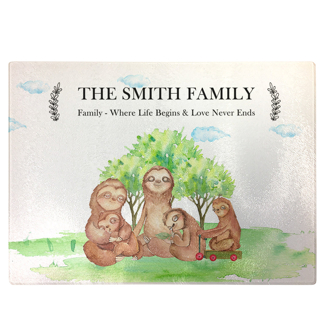 Personalised Chopping Board | sloth Family Glass Cutting Board Gift for Grandma