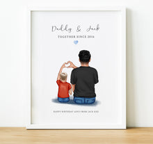 Load image into Gallery viewer, Daddy And Me Illustration Print | colourful dad and child sitting illustration with quote and personal message, Gift for Dad from Daughter or Son
