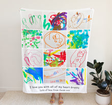 Load image into Gallery viewer, Soft fleece blanket with a collage of your childs artwork. 
