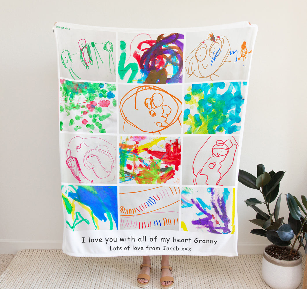 Soft fleece blanket with a collage of your childs artwork. 