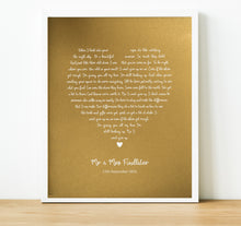 Load image into Gallery viewer, Personalised Anniversary Gifts | Heart Song Lyric Print with lyrics from a special song or first dance song and names personalised underneath
