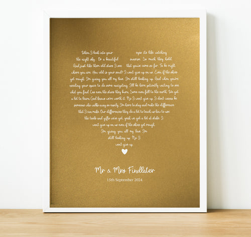 Personalised Anniversary Gifts | Heart Song Lyric Print with lyrics from a special song or first dance song and names personalised underneath