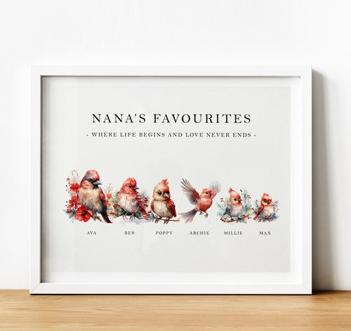 Personalised Family Print | Personalised Gift for Grandma from Grandchildren - Red Cardinal