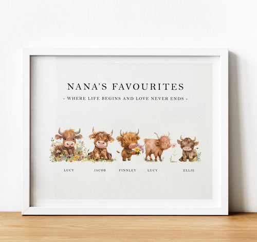 Personalised Family Print | Personalised Gift for Grandma from Grandchildren - highland cow