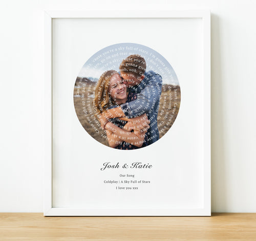 Personalised Anniversary Gifts, Song Lyrics Print with lyrics in a spiral and a photo in the middle, thoughtful keepsake co