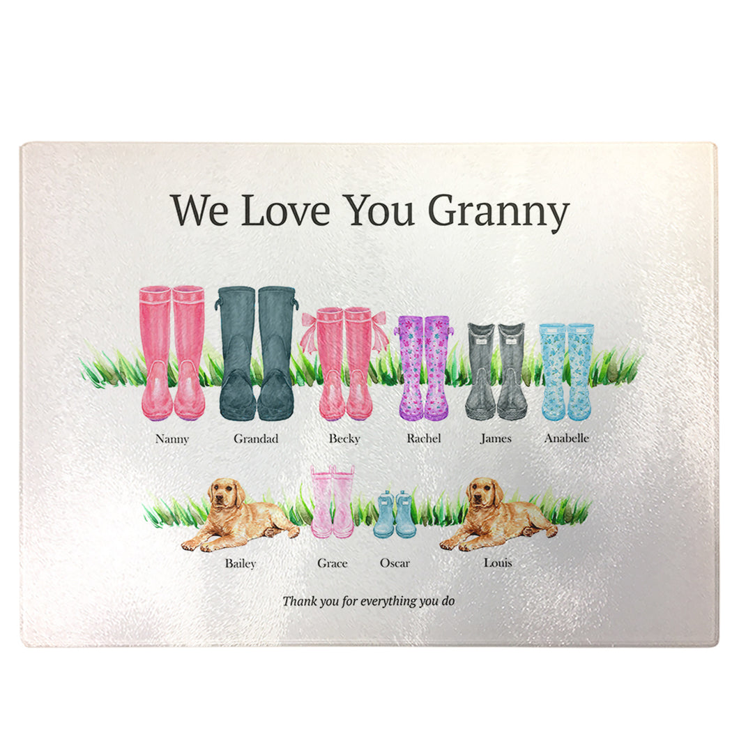 Personalised Chopping Board | Colourful Family Wellie Boot Gift for Grandma from Grandchildren