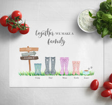 Load image into Gallery viewer, Personalised Chopping Board | Colourful Family Wellie Boot Glass Cutting Board Gift
