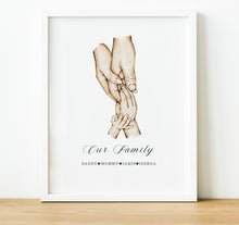 Load image into Gallery viewer, Introducing our &quot;Personalised Family Handprint Art&quot; – a delightful way to celebrate the special bond of your unique family. This quirky, customisable print showcases pre-designed hand illustrations with 2 adults and up to 4 children.
