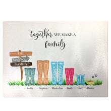 Load image into Gallery viewer, Personalised Chopping Board | Colourful Family Wellie Boot Glass Cutting Board Gift
