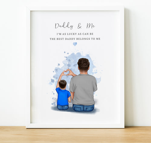 Daddy And Me Illustration Print | colourful dad and child sitting illustration with quote and personal message, Gift for Dad from Daughter or Son