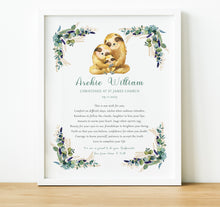Load image into Gallery viewer, Personalised Christening Print | Godchild Gifts from Godparents | Safari Nursery, thoughtful keepsake co
