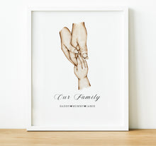Load image into Gallery viewer, Introducing our &quot;Personalised Family Handprint Art&quot; – a delightful way to celebrate the special bond of your unique family. This quirky, customisable print showcases pre-designed hand illustrations with 2 adults and up to 4 children.
