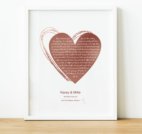 A beautifully personalised heart song lyric print. Use any words that have special meaning to you such as your first dance song lyrics, wedding vows, poem or a personal message....  By adding names, dates and / or an additional text you make it a truly personalised anniversary gift ideal for weddings and special occasions.