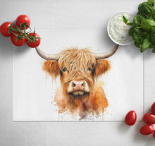 Load image into Gallery viewer, Glass Chopping Board | Colourful Highland Cow Worktop Saver For Kitchen | Tempered Glass Cutting Board, Thoughtful Keepsake Co
