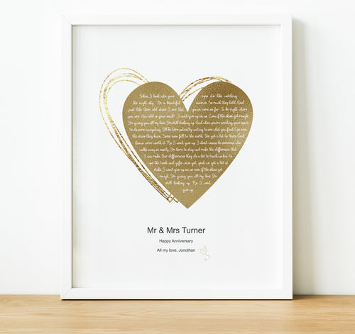 A beautifully personalised heart song lyric print. Use any words that have special meaning to you such as your first dance song lyrics, wedding vows, poem or a personal message....  By adding names, dates and / or an additional text you make it a truly personalised anniversary gift ideal for weddings and special occasions.