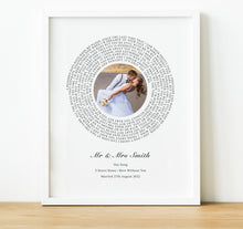 Load image into Gallery viewer, Personalised Anniversary Gifts, Song Lyrics Print with lyrics in a spiral and a photo in the middle, thoughtful keepsake co
