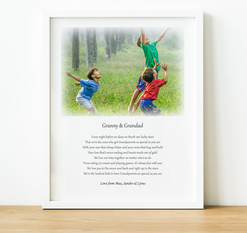 A heartwarming print that is not only a thoughtful gift; it's a timeless keepsake that captures the love between Grandparents and their Grandchildren.  Customise the poem by changing names and sentences to suit and make it a truly one-of-a-kind by adding a personal message from the Grandchild(ren) them at the bottom.  A unique gift for Grandparents that will make them smile every time they see it.