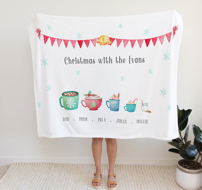 Personalised Fleece Blanket | Christmas Family Gifts, christmas themed blanket with family members names and surname, thoughtful keepsake co